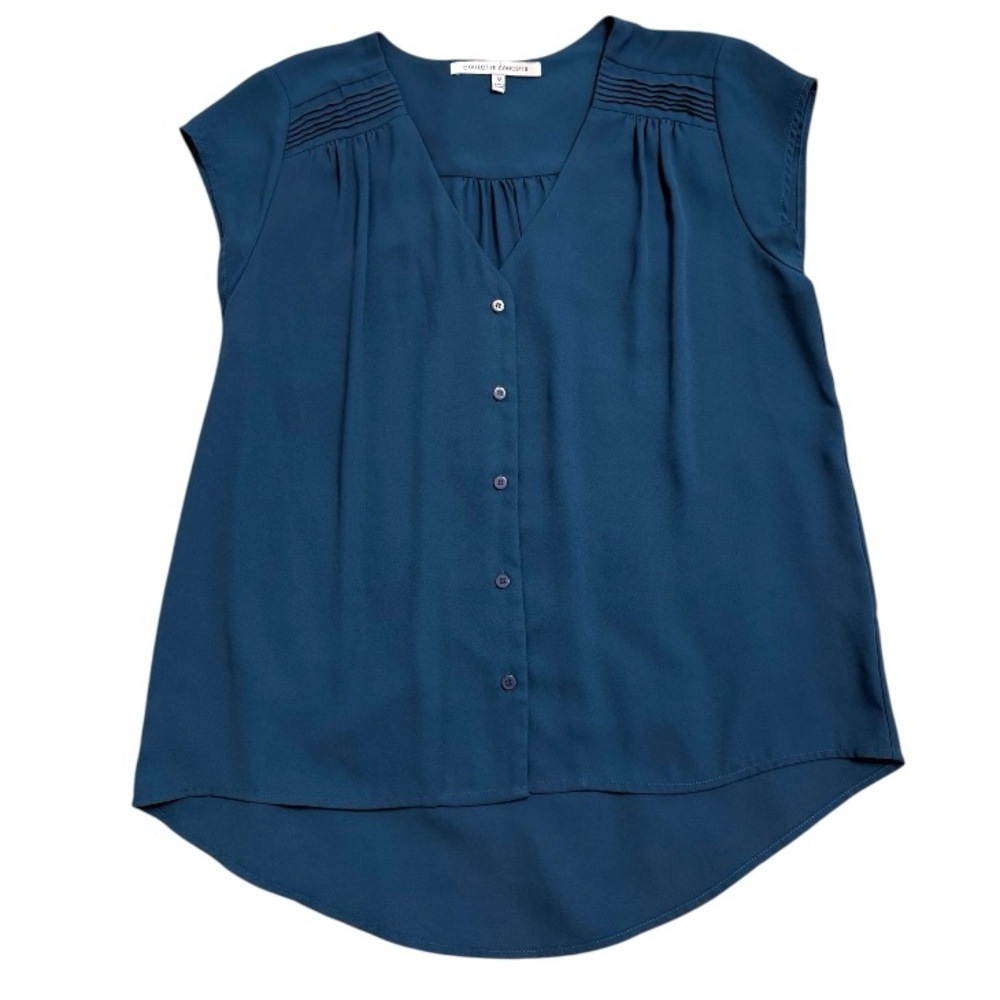 Pleated Button-Down V-neck Cap Sleeve Blouse Medium Collective Concepts Blue